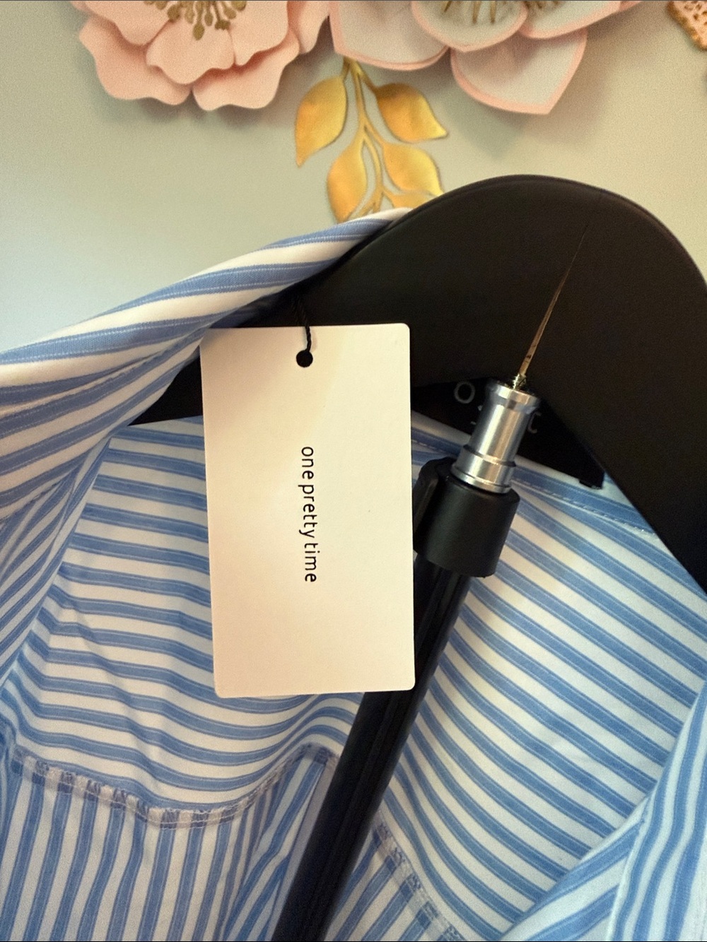 Striped Blue and White Shirt Dress - Women's Casual Collared Dress - Picture 2 of 3